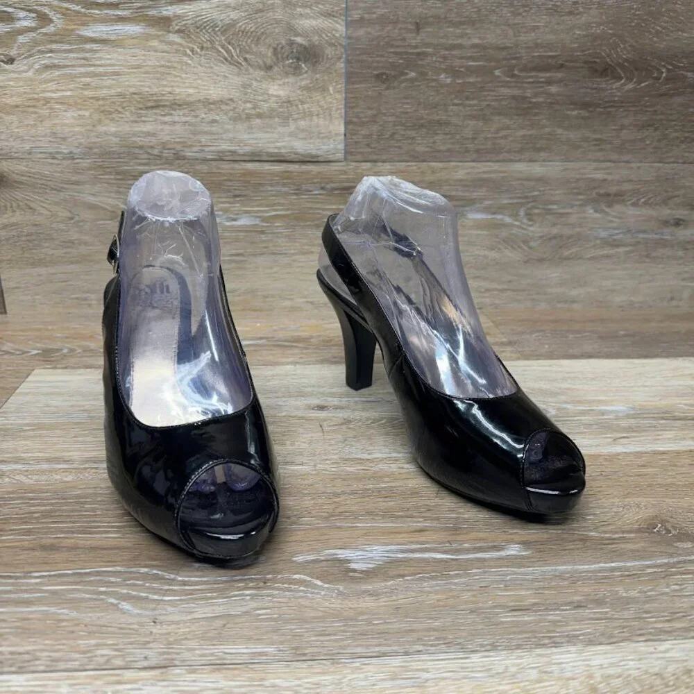 Sofft Black Patent Leather Slingback Peep Toe Heels Women's Size 9.5
